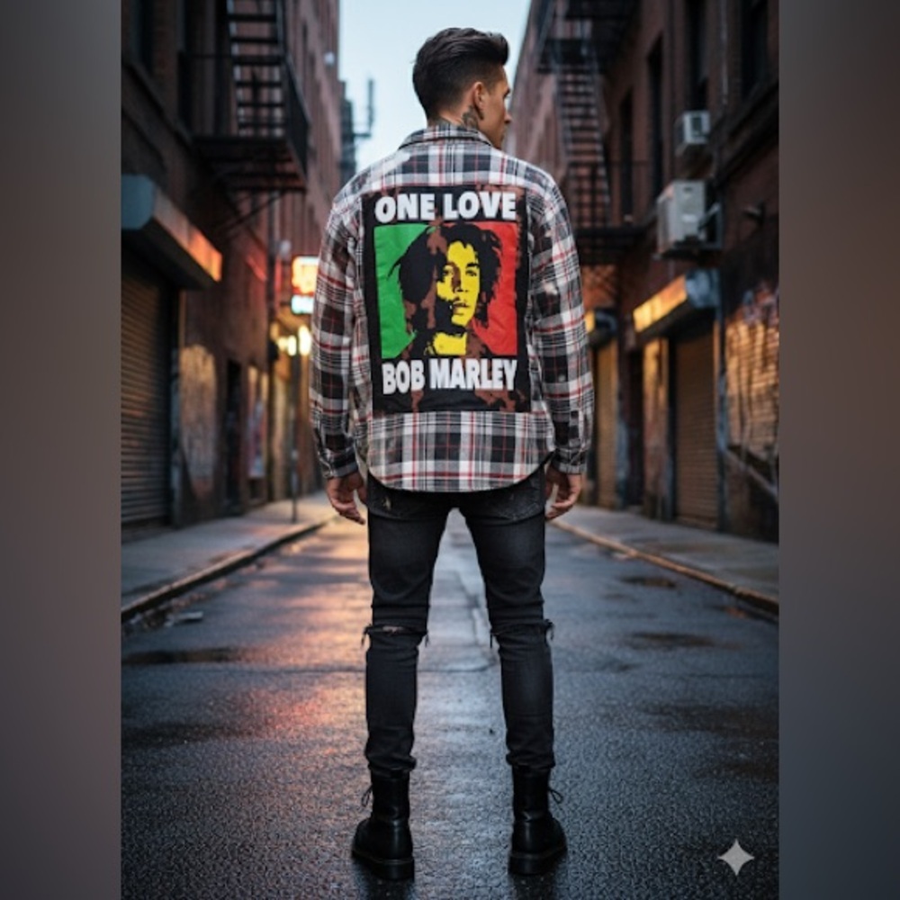 BOB MARLEY RECORDS URBNVTG REWORKED FLANNEL SHIRT SIZE LT